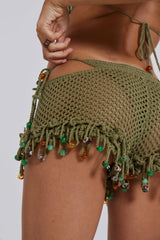 Green Canary Knit Shorts with Beaded Trim