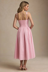 Broderie Anglaise Bow-Detail A-Line Midaxi Dress in Soft Pink
