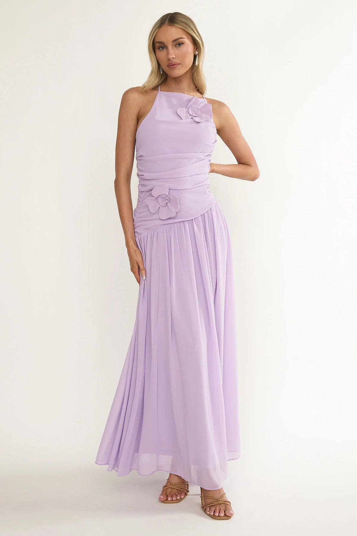Brighten Drop Waist Flower Accent Maxi Dress Lilac