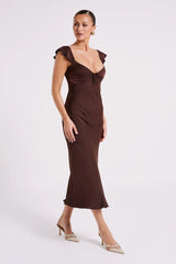 MESHKI Chantal Short Sleeve Satin Midi Dress - Dark Chocolate