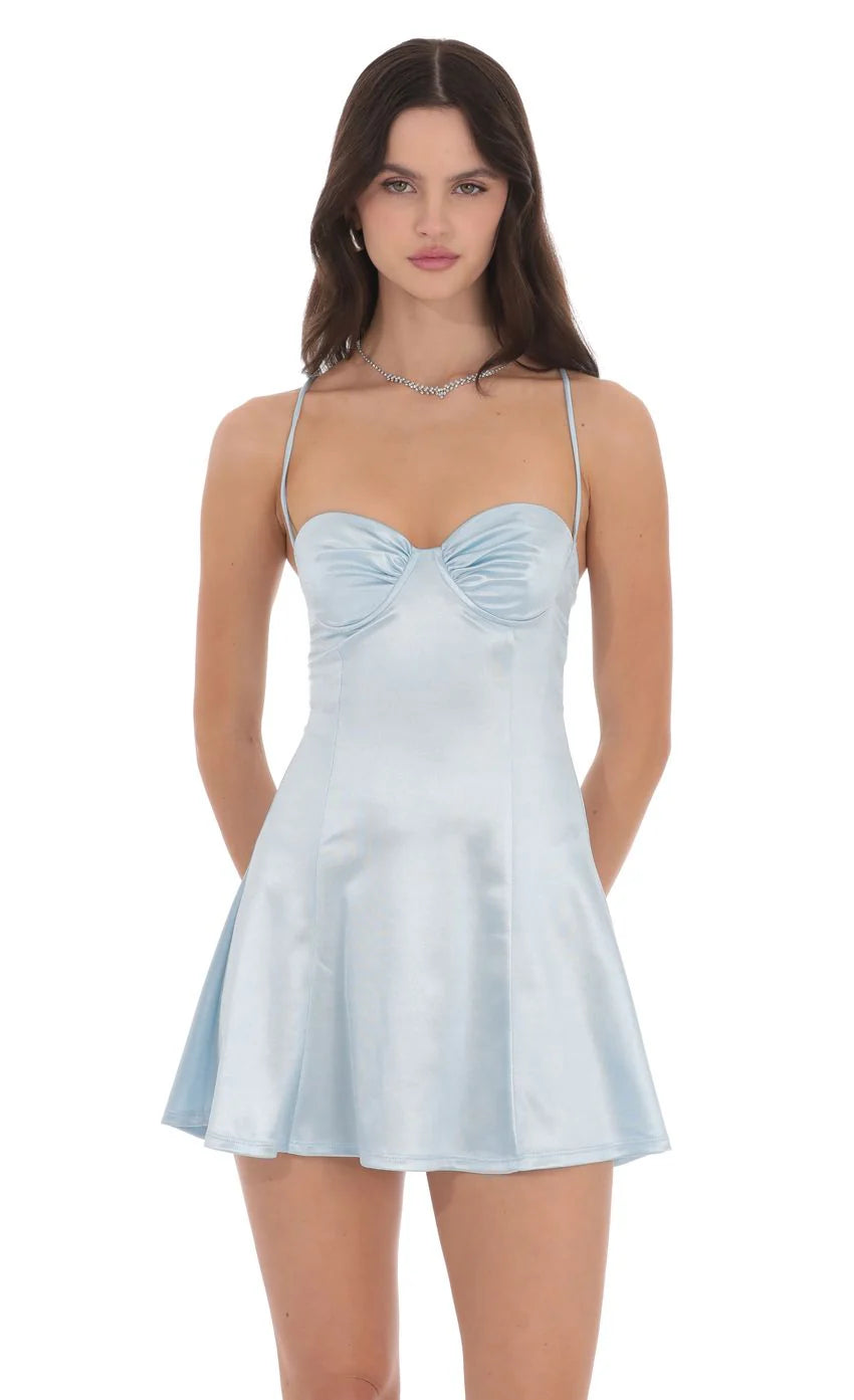 Satin Fit and Flare Dress in Baby Blue