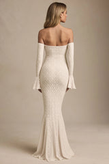 Off-Shoulder Ruffle Lace Maxi Dress in Ivory