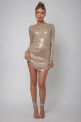 Karma Long Sleeve Keyhole Back Sequin Dress Nude
