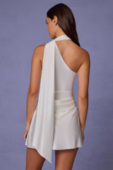 Asymmetric Scarf-Detail Mini Dress in White