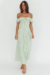 Scarlet Off-Shoulder Ruffle Trim Maxi Dress Sage