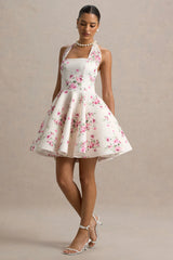 Peggy | Cream and Pink Halter-Neck Skater Mini Dress