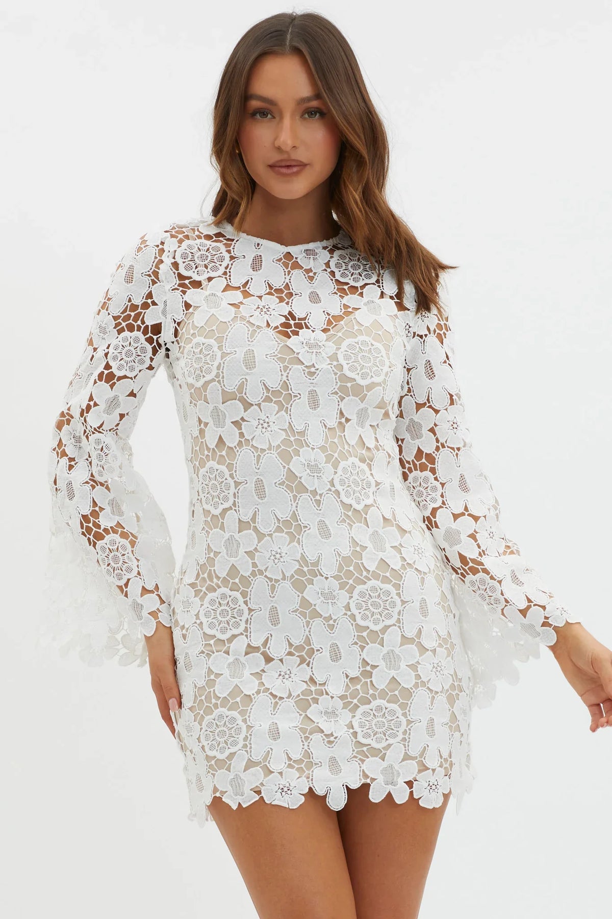 Reinhart Flared Sleeve Crochet Lace Dress White