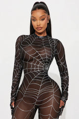 Caught In My Web Glitter Sheer Jumpsuit - Black