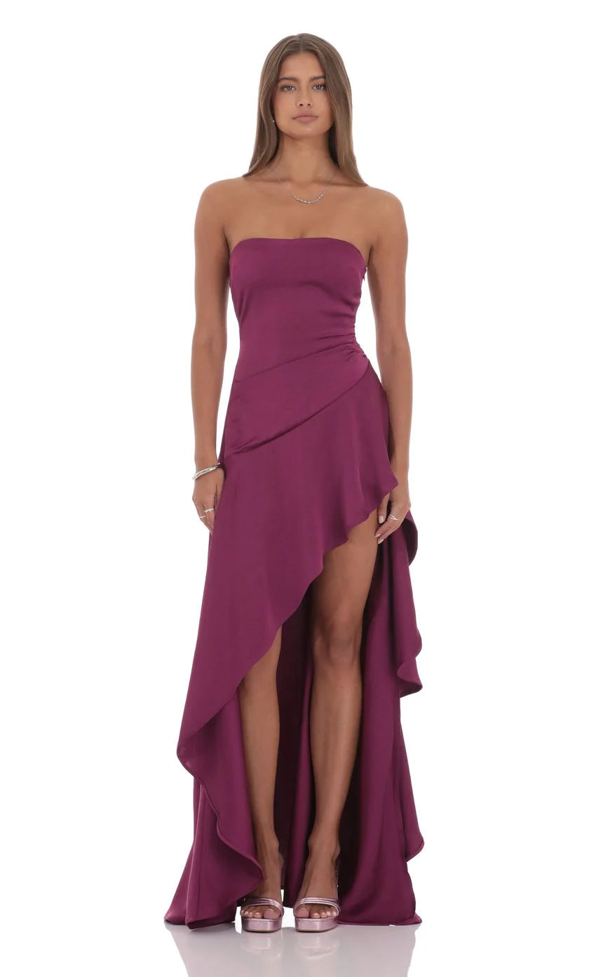 Satin High Low Maxi Dress in Plum