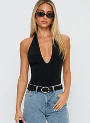 Kendrae Plunge Halter Bodysuit Black