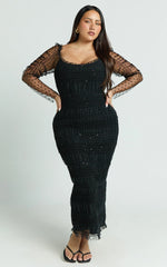 Evelyn Midi Dress Long Sleeve Shirred Tulle Dress in Black Polka