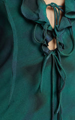 Alesya Mini Dress Ruffle Plunge Neck Long Sleeve Tie Detail Dress in Moss Adeana