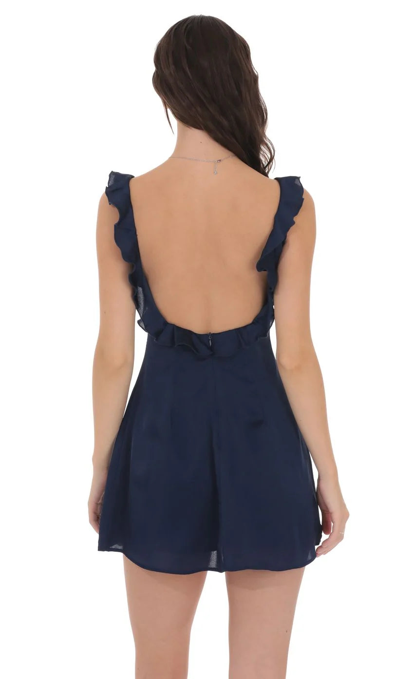 Satin Ruffle V-Neck Dress in Navy