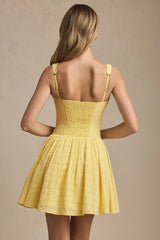 Broderie Anglaise Bow-Detail A-Line Mini Dress in Pastel Yellow
