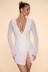 Embellished Wrap Over A-Line Mini Dress in Ivory