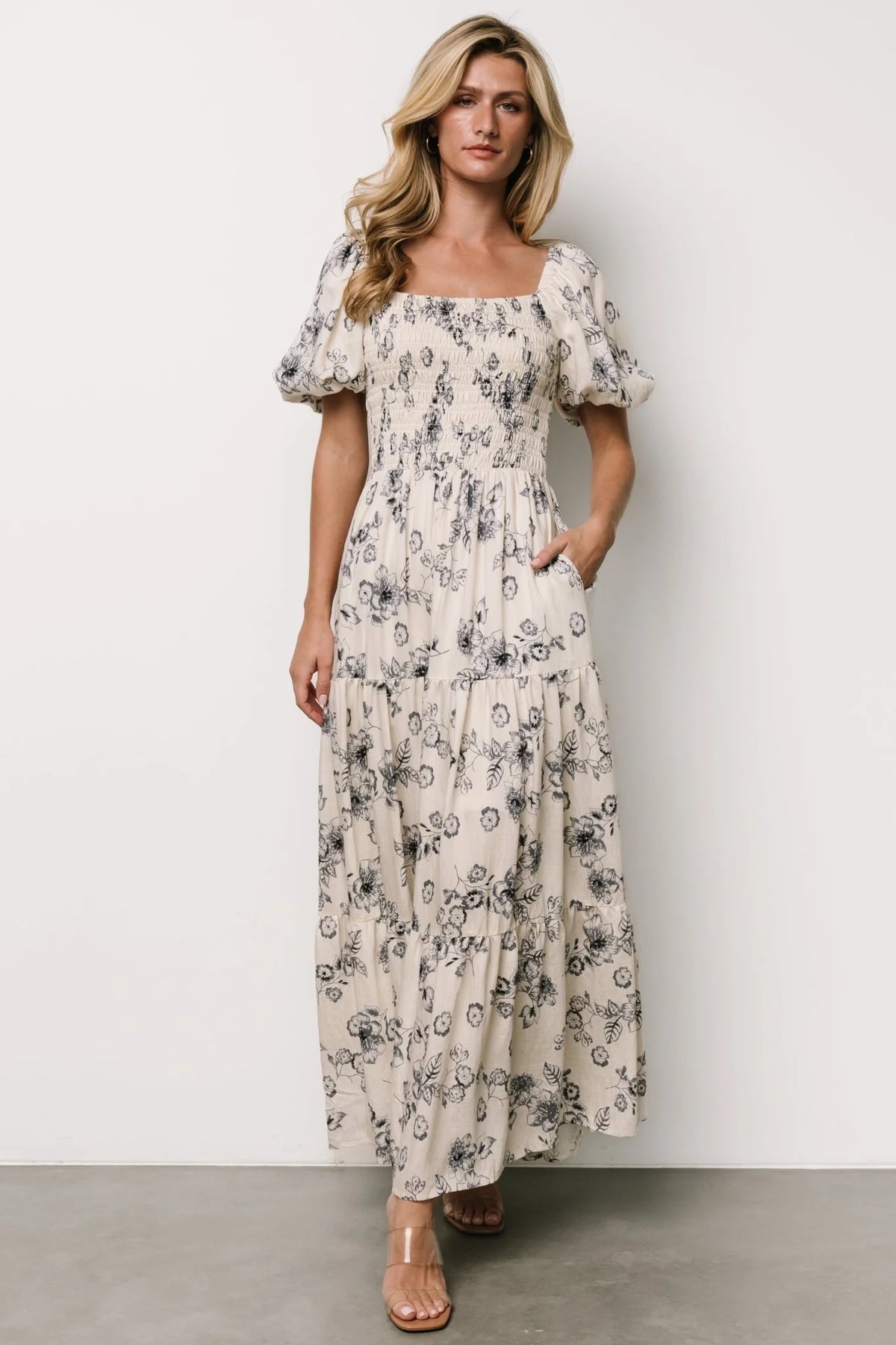 Susanna Smocked Maxi Dress | Ivory + Blue Floral