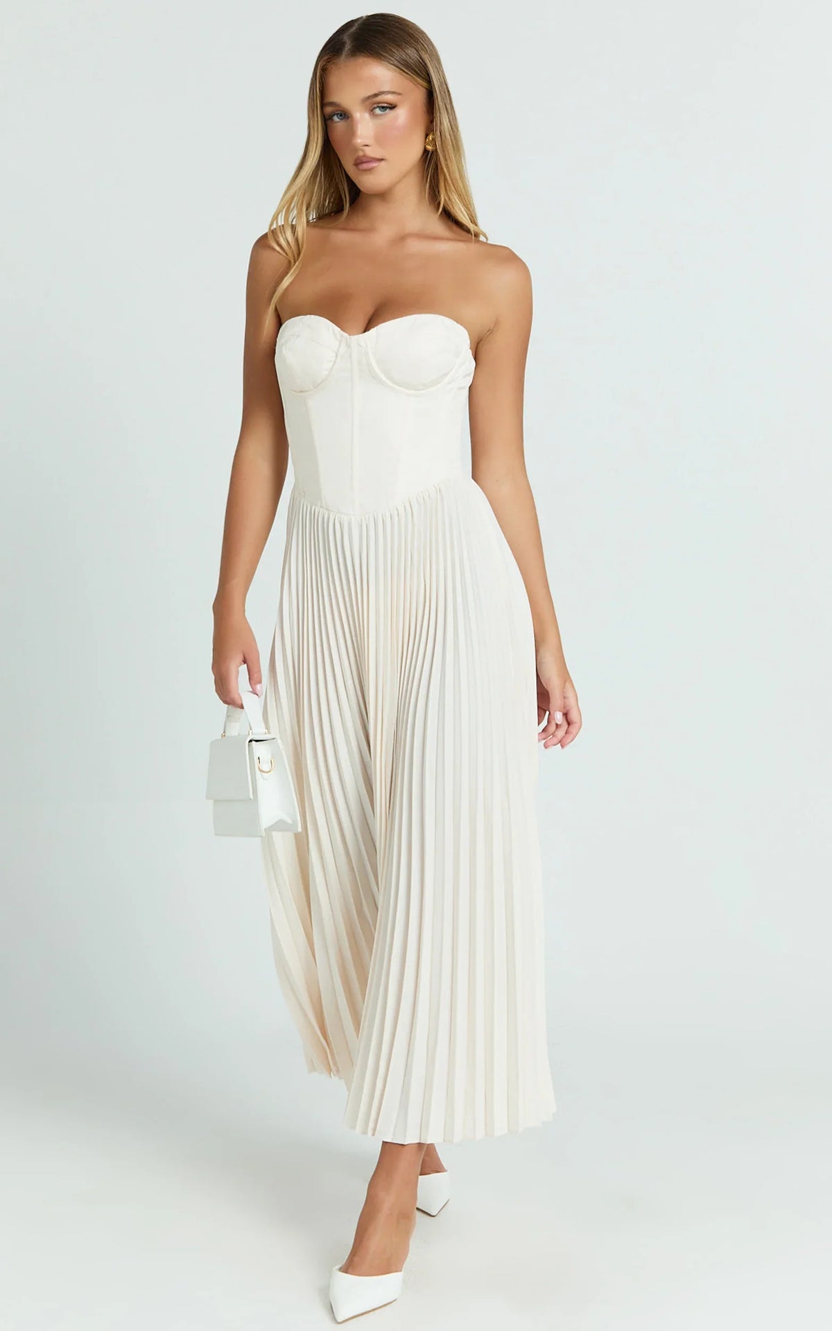 Loretta Midi Dress Lace Up Back Bustier Pleated Dress in Cream