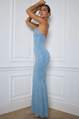 Embellished Fishtail Maxi Dress in Light Blue