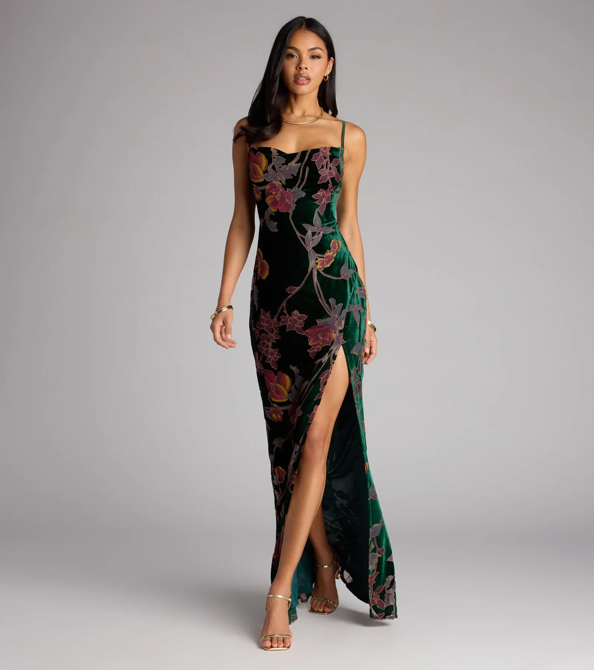 Melanie Floral Velvet Lace-Up Formal Dress