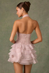 Embellished Ruffled Halterneck Mini Dress in Dusty Rose