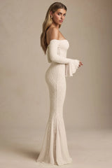 Off-Shoulder Ruffle Lace Maxi Dress in Ivory