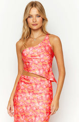 Claudi Orange And Pink Satin One Shoulder Top