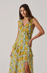 V-neck Floral Ruffle Midi Dress