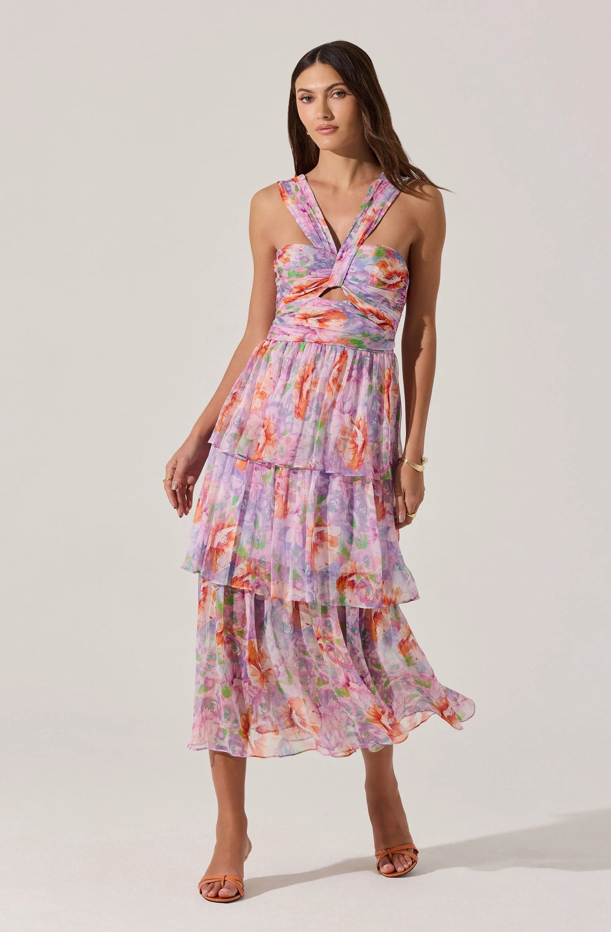 Tiered Floral Cutout Midi Dress