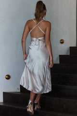 Lakoda Gathered Bust Bow Tie Back Midi Dress Champagne