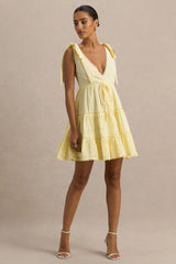 Corrina | Lemon Broderie Plunge-Neck Mini Dress