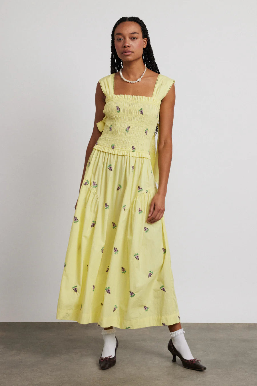 tish poplin midi dress - grape embroidery