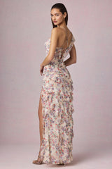 Asymmetric Ruffled Lace-Up Gown in Primrose Floral Print