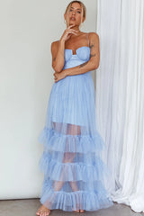 Moonlight Sonata Ruffle Mesh Maxi Dress Sky Blue