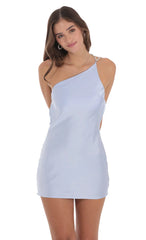 Pearl One Shoulder Satin Dress in Blue