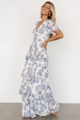 Montaigne Ruffle Maxi Dress | Off White + Blue