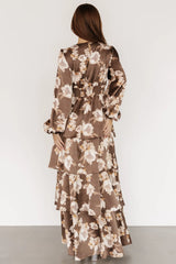 Montrouge Tiered Satin Dress | Mocha Floral
