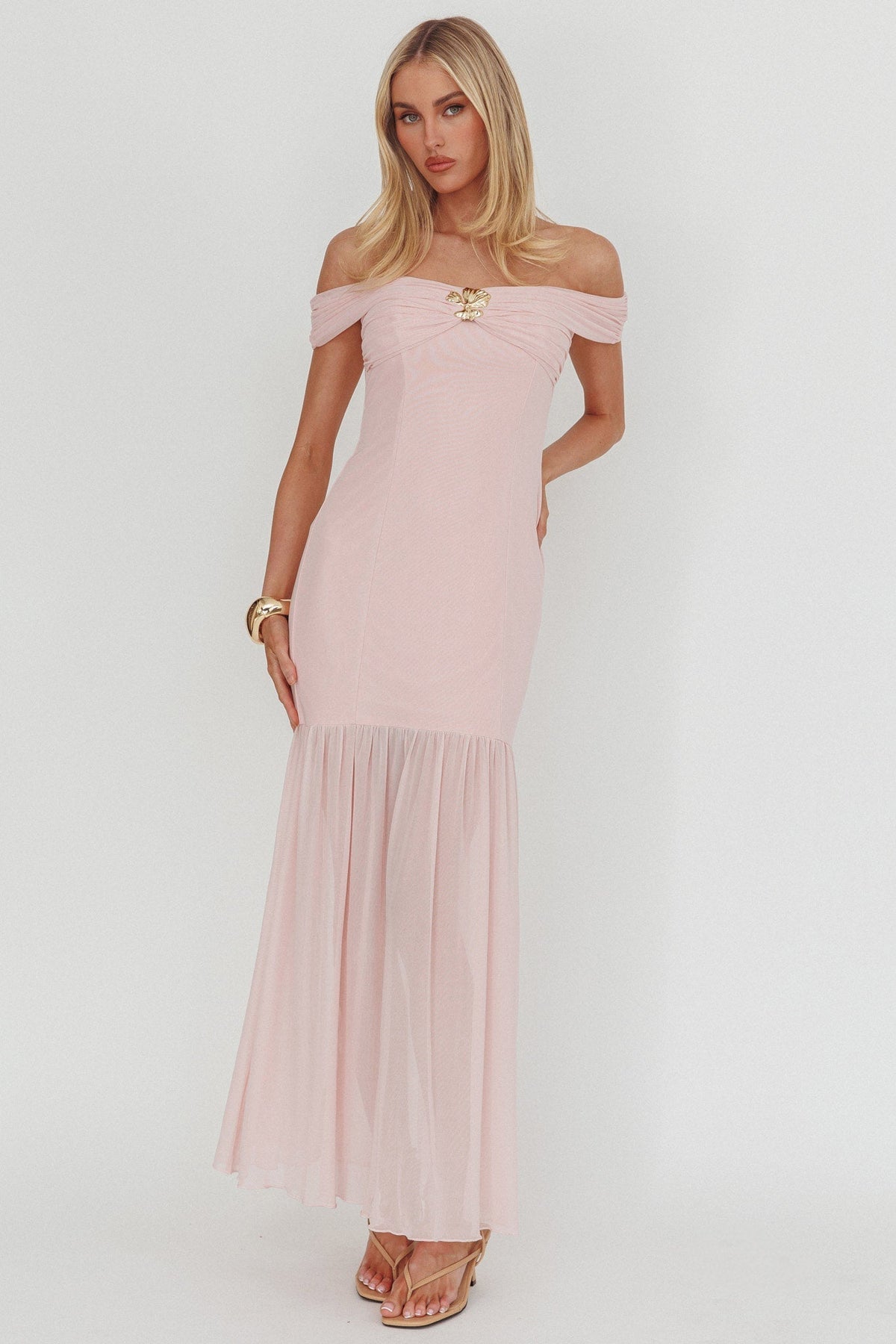 Wilma Off-Shoulder Sheer Hem Maxi Dress Pink