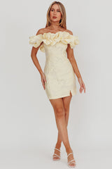 Memoire Off-Shoulder Jacquard Mini Dress Lemon