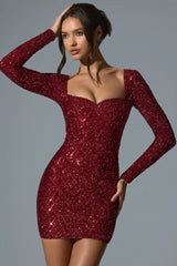 Sephina  Embellished Sweetheart-Neck Mini Dress in Red